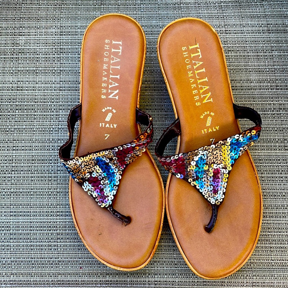 Italian Shoemakers sequin & leather wedge sandals, size 7. Made in Italy.